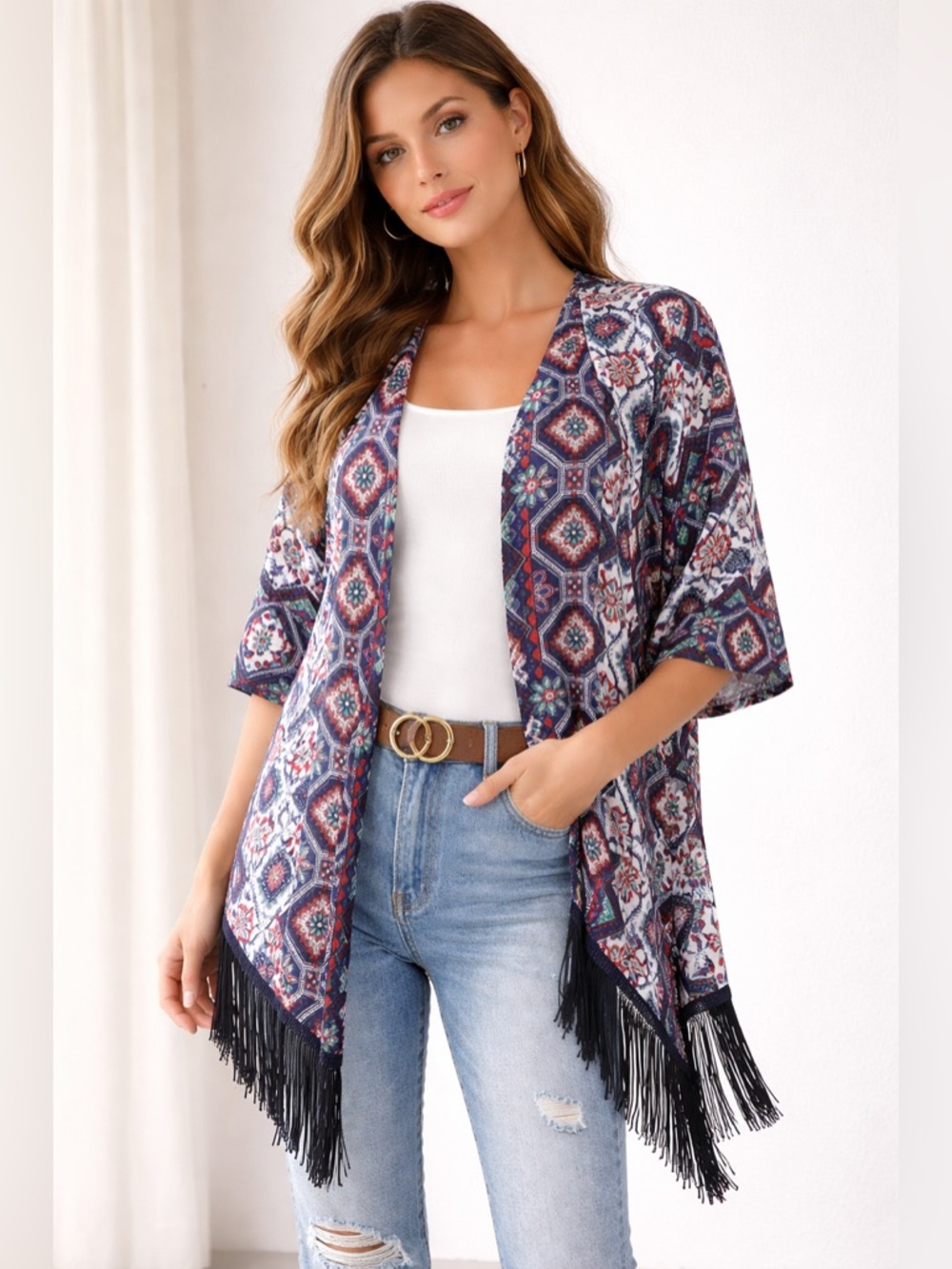 24)Ember Boho Fringe Kimono ✨ Festival Duster Cardigan. Ptp 24